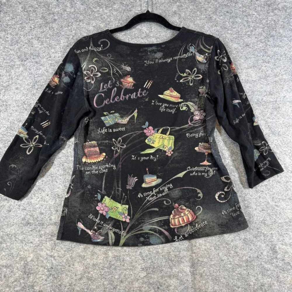 Cactus Y2K Small Celebrate Graphic Tee Black Art Print Long Sleeve Top Festival - Picture 8 of 13